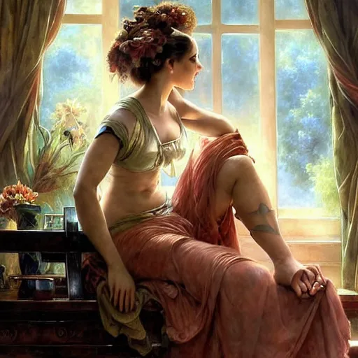 Prompt: a beautiful female is sitting on her living room couch. She is dressed casually and is watching TV, Regal, Realistic, Refined, Detailed Digital Art, Josephine wall, Oil Painting, William-Adolphe Bouguereau, Art Frahm, Esao Andrews, Steampunk, Walt Disney (1937), Highly Detailed, Cinematic Lighting, Unreal Engine, 8k, HD