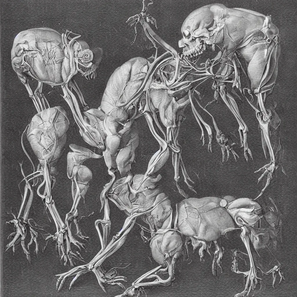 Image similar to anatomical engraving of an unknown specie, anatomical study of animal hybrids from another universe