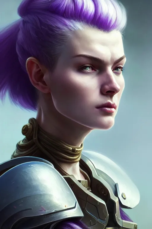 Prompt: alexey gurylev, close up portrait, pale woman in power armor with purple ponytail hair, stoic, focused, powerful, d & d, fantasy, complex, elegant, highly detailed, digital painting, artstation, concept art, matte, clear focus, illustration, hearthstone, artgerm art, greg rutkovsky and alphonse mucha