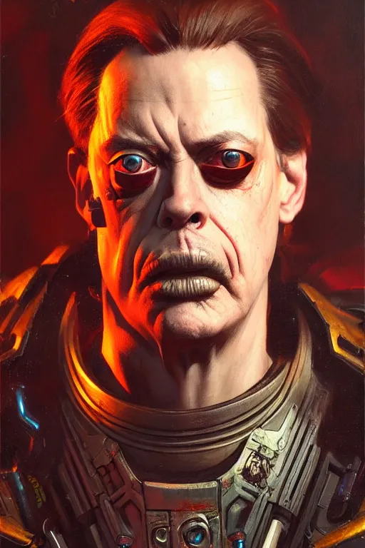 Image similar to character portrait cyberpunk warhammer 4 0 k steve buscemi, character design, painting by gaston bussiere, katsuya terada, frank frazetta, tom of finland, trending on artstation