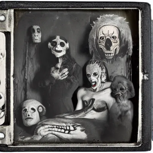 Prompt: freakshow of deformed victims island of Doctor Moreau offensive and Exploitive daguerreotype