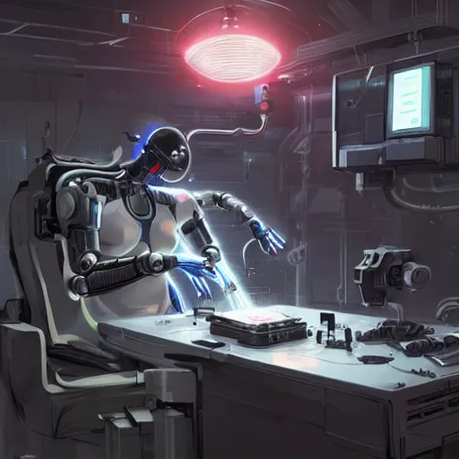 Prompt: cyberpunk robot repairing an android in a lab, concept art, fine details, Anime, cinematic lighting, ghost-in-the-shell, cyberpunk,sci-fi, fantasy, intricate, elegant, highly detailed, digital painting, artstation, concept art, smooth, sharp focus, illustration, art by artgerm and greg rutkowski