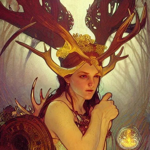 Image similar to haughty Viking fae god with shining eyes and antlers, by Greg Rutkowski, Alphonse Mucha, and Brom