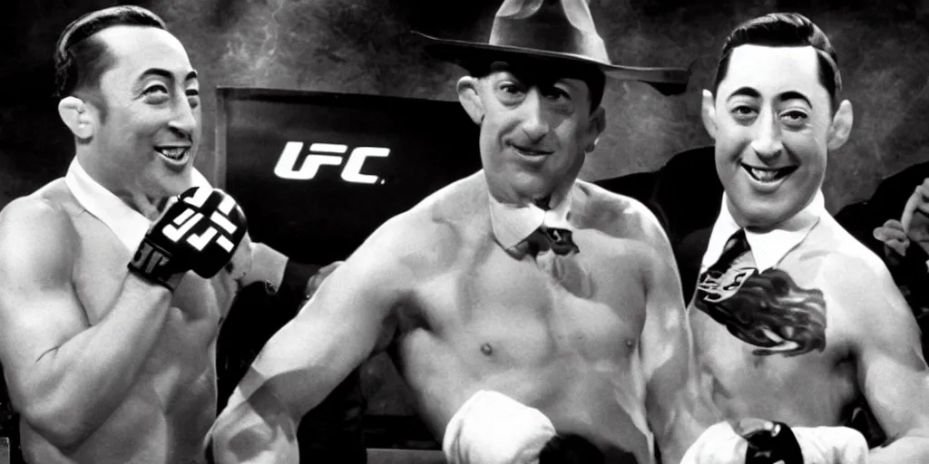 Prompt: peewee herman wins a UFC fight. cinematic. pay per view special. HD.