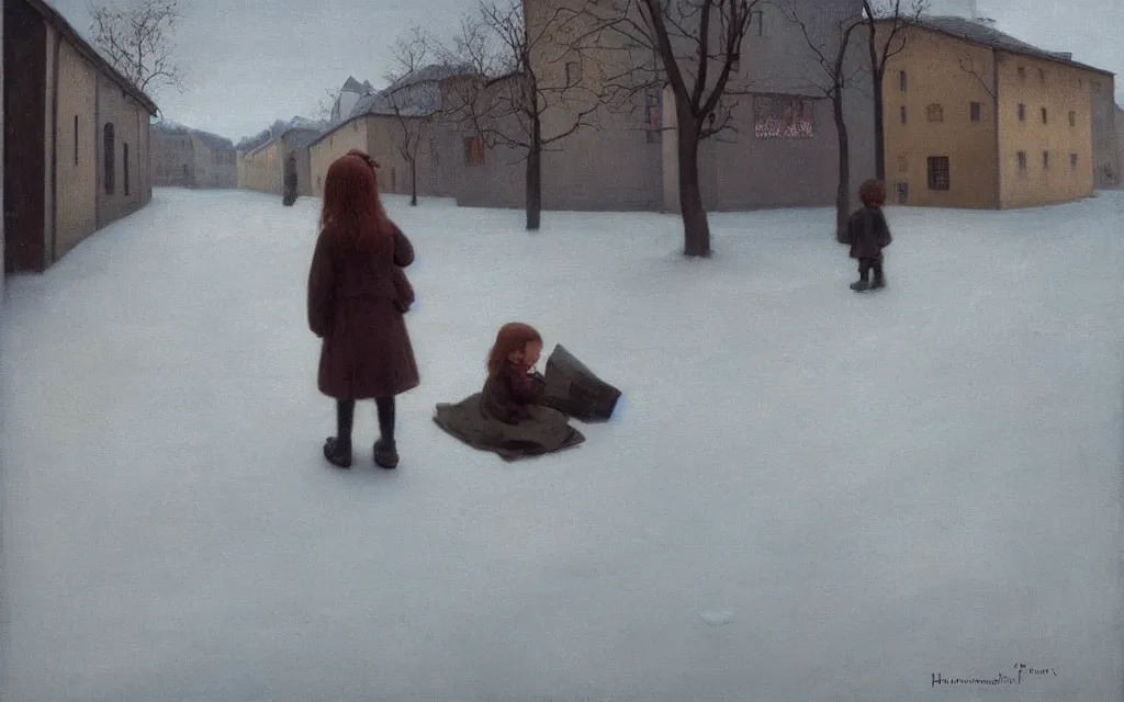 Image similar to a painting of sad little redhead little girl in a winter street in norway, oil on canvas, by hammershoi