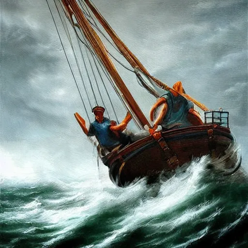 Image similar to stunning painting of a man holding the wheel on a schooner ship during a strong storm, epic concept art