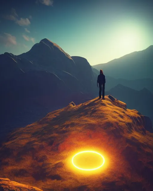 Image similar to a man standing in the middle of a mountain looking at a glowy shape, a render by filip hodas, behance contest winner, environmental art, rendered in cinema 4 d, volumetric lighting