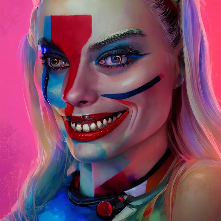 Image similar to portrait of Margot Robbie as a harley quinn. intricate abstract. intricate artwork. by Tooth Wu, wlop, beeple, dan mumford. octane render, trending on artstation, greg rutkowski very coherent symmetrical artwork. cinematic, hyper realism, high detail, octane render, 8k, iridescent accents