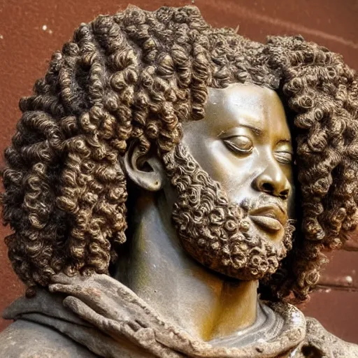 Image similar to east african man with curly hair as a marcus aurelius sculpture, intricate details, sharp focus