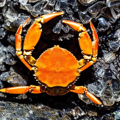 Prompt: photo of crab trapped within a piece of amber, high detail