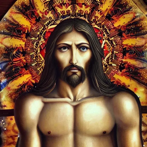 Image similar to 4K headshot of godlike Jesus of Nazareth with defined arms and open hands and bloody clothes with giant mandala wings , intricate face , flawless anime cel animation by Kentaro Miura, psychedelic , highly detailed upper body , professionally post-processed , beautiful, scary, symmetry accurate features, epic, octane rendered, anime masterpiece, accurate by Craig Mullins, ilya kuvshinov, krenz cushart, epic , artgerm trending on artstation by Edward Hopper and Dan Mumford and WLOP and Rutkovsky, beksinski carl spitzweg moebius and tuomas kocar, intricate artwork by caravaggio, Unreal Engine 5, Lumen, Nanite