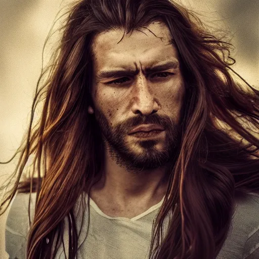 Prompt: an action portrait of a man with long hair, dramatic, motion blur, headshot, by robert capa, trending on artstation, octane render, unreal engine 5