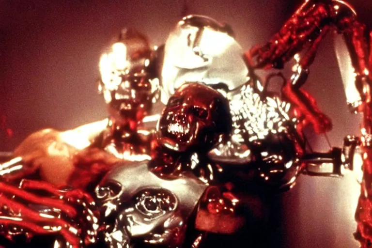 Image similar to Jack Nicholson plays Terminator, his one yes glow red, scene where his endoskeleton gets exposed, still from the film