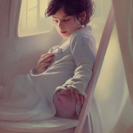 Image similar to little girl in pajamas sleeping, realistic portrait, highly detailed, digital painting, artstation, concept art, smooth, sharp focus, illustration, cinematic lighting, art by artgerm and greg rutkowski and alphonse mucha