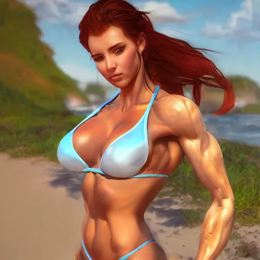 Image similar to bodybuilder amouranth at the beach, au naturel, hyper detailed, digital art, trending in artstation, cinematic lighting, studio quality, smooth render, unreal engine 5 rendered, octane rendered, art style by klimt and nixeu and ian sprigger and wlop and krenz cushart