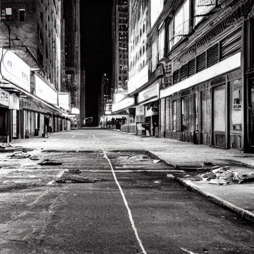 Image similar to color photograph, highly detailed abandoned New York city street at night after the war between humans and AIs, film grain, soft vignette, sigma 85mm f/1.4 1/10 sec shutter, film still promotional image, IMAX 70mm footage