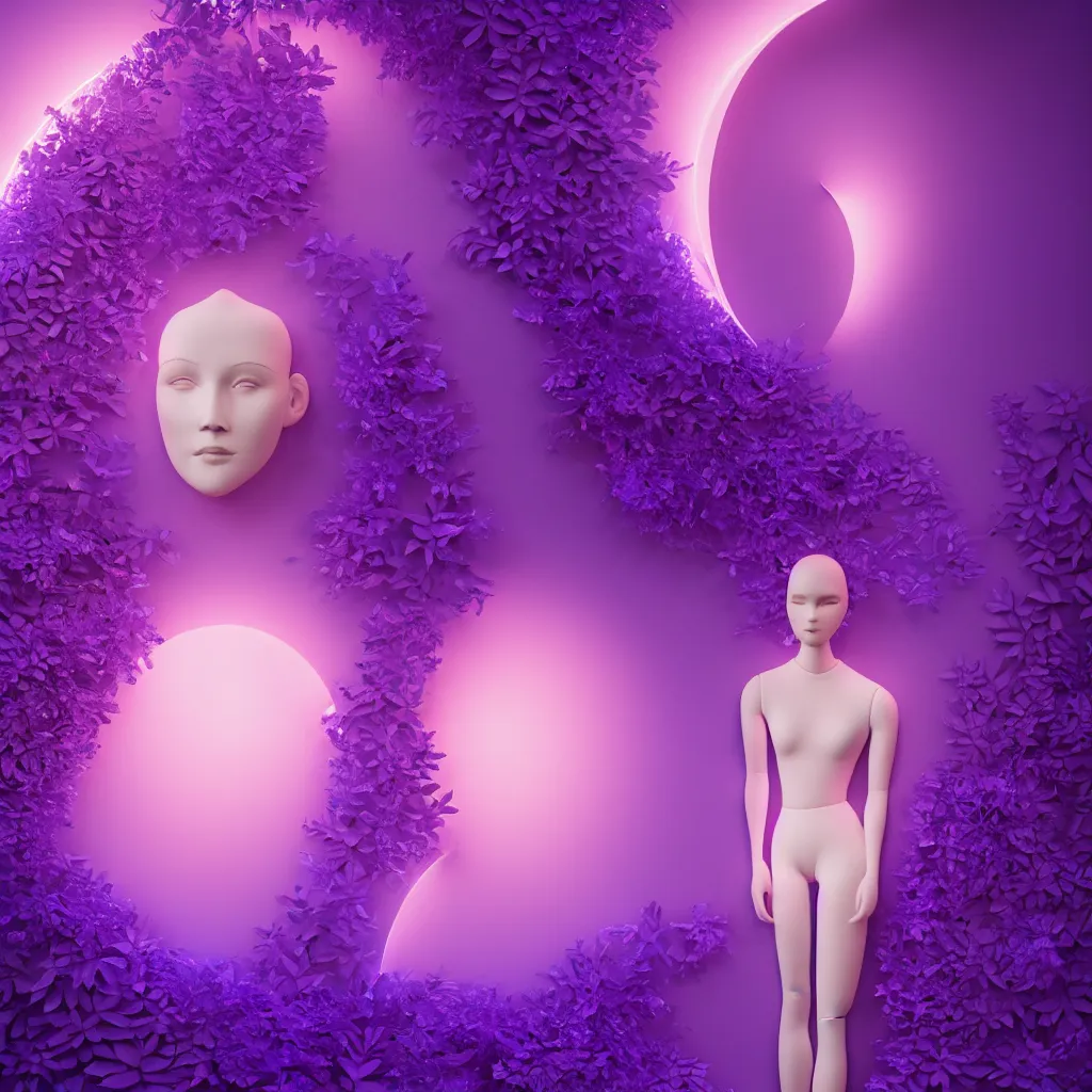 Image similar to beautiful mannequin sculpted out of amethyst by billelis + lit with 3 d geometric neon + facing a doorway opening with neon pink geometric fractal light + flowering hosta plants!!!, moon in background!, rule of thirds, clean linework, dramatic, award winning, 4 k, trending on artstation, photorealistic, volumetric lighting, octane render