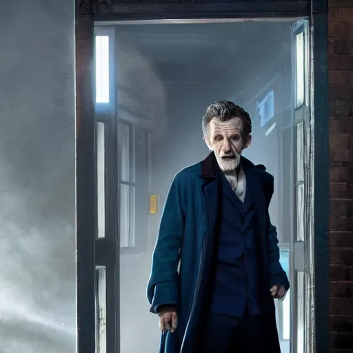 Image similar to tom holland as a rough dirty old man with a scruffy beard in a dark blue trenchcoat as the new doctor who, cinematic, volumetric lighting, f 8 aperture, cinematic eastman 5 3 8 4 film, photorealistic