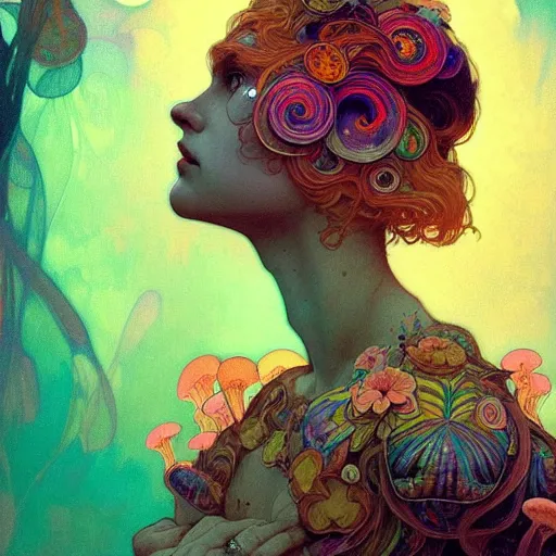 Image similar to A girl having an extremely colorful psychedelic experience, magic mushrooms, psilocybin, face, detailed, intricate, elegant, highly detailed, digital painting, artstation, concept art, smooth, sharp focus, illustration, art by Krenz Cushart and Artem Demura and alphonse mucha