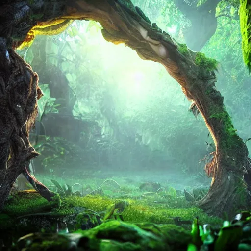 Image similar to ominous, portal to another dimension embedded in a beautiful tree in a densely overgrown jungle, fantasy, dreamlike sunrise volumetric lighting, ultra realistic, atmospheric, stopped in time, epic