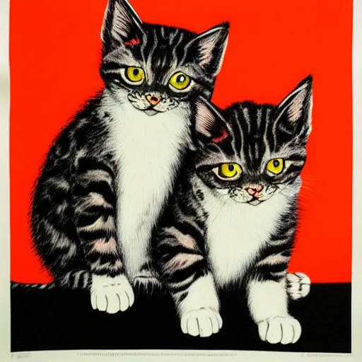 Image similar to silk screen poster of angry kittens in style of frank kozic