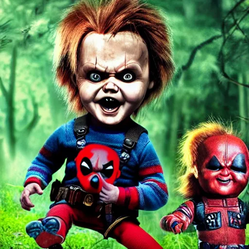 Image similar to chucky the doll and deadpool in the woods together digital art 4 k detailed super realistic