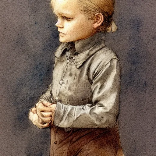 Image similar to portrait of a child standing and facing front looking strait ahead a muted color watercolor sketch of story book character ifrom the book Baltimore & Redingote by Jean-Baptiste Monge of an old man in the style of by Jean-Baptiste Monge that looks like its by Jean-Baptiste Monge and refencing Jean-Baptiste Monge