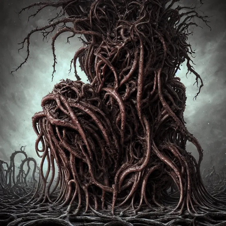Prompt: ribbed abandoned alien, covered with tentacles, spines, roots and organic rotten flesh meat, baroque painting, standing in a desolate empty wasteland, creepy, nightmare, dream-like heavy atmosphere, surreal abandoned buildings, beautiful detailed intricate insanely detailed octane render trending on Artstation, 8K artistic photography, photorealistic, chiaroscuro, Raphael, Caravaggio, Beksinski, Giger