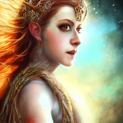 Image similar to portrait of lindsey stirling as a beautiful goddess, epic fantasy art, detailed face, goddess, mystical, mystic atmosphere, trending on artstation, deviantart, digital art, high detail, high definiton, ultra realistic, high quality, hyper realistic, 4 k uhd