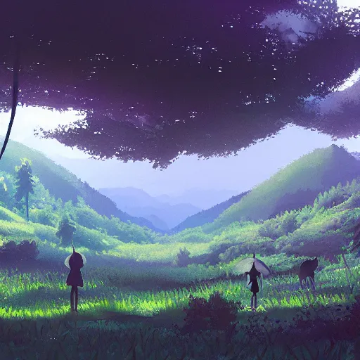 Prompt: gouache technique, forest lanscape panorama by pixar by makoto shinkai
