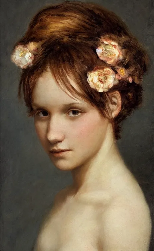 Prompt: portraiture!! of a woman! short brown hair! looking at us, flowers!!! in the hair, by thomas denenberg