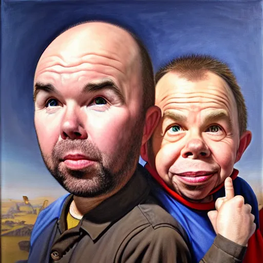 Prompt: oil portrait of karl pilkington and warwick davis, best friends on a travel show. oil painting, highly detailed, centered, artstation, concept art, smooth, sharp focus, illustration, artgerm, vermeer, hans peter mohrbacher, donato giancola, joseph christian leyendecker, drew struzan