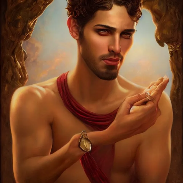 Image similar to portrait of a handsome male genie, art by tom bagshaw and paul cadmus and george quaintance