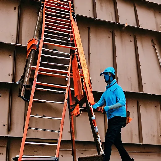 Prompt: photo of a person walking under a ladder with a heavy load above