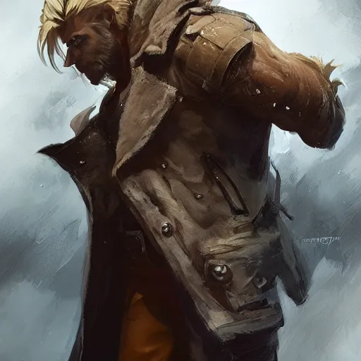 Image similar to portrait of a muscular, grim, ponytail haired blonde man in his late 30's, wearing a thick brown leather coat, looking to his side, scarred face, blue eyes, hunter, DnD character, fantasy character, dramatic lighting, digital art by Ruan Jia, Krenz Cushart, Rossdraws and Boris Vallejo