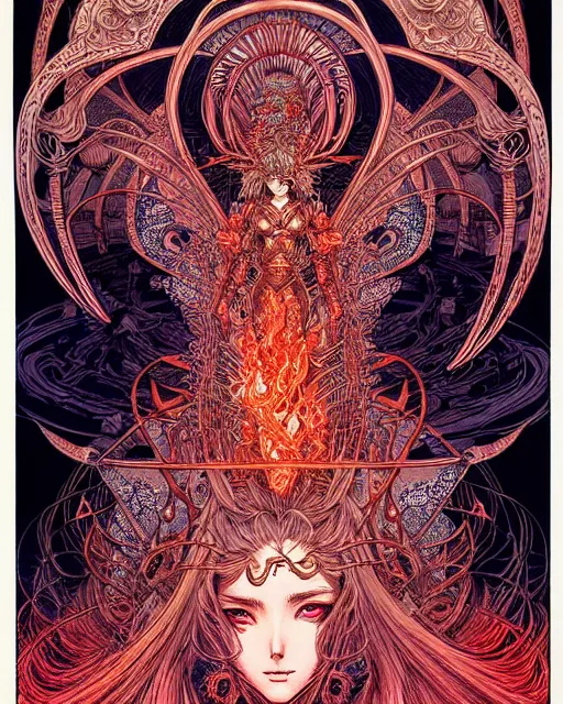 Image similar to hyper detailed illustration of the goddess of fire, intricate linework, lighting poster by moebius, ayami kojima, 90's anime, retro fantasy