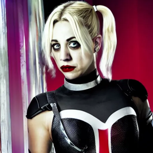 Image similar to A still of Kaley Cuoco as Harley Quinn