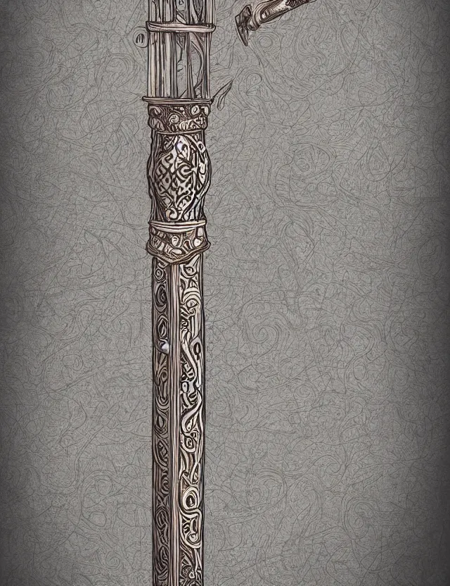 Image similar to an ornate wooden staff, fantasy illustration, medieval era, blank background, studio lighting, hand - drawn digital art, medium shot