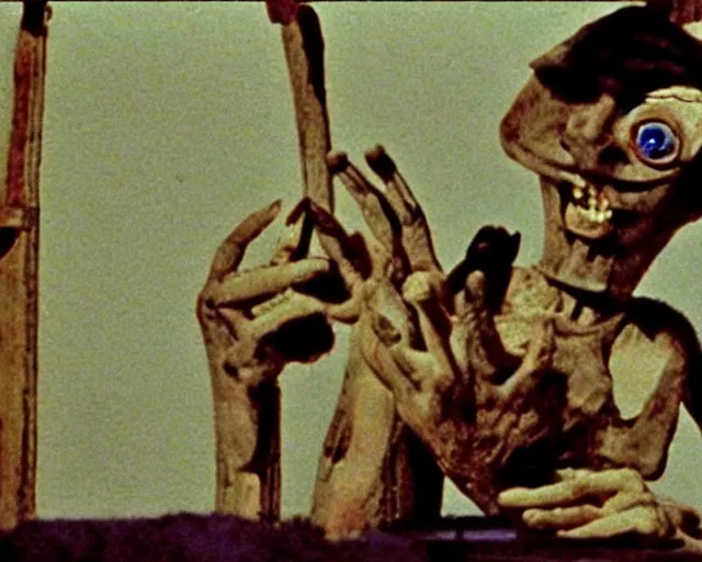 Prompt: still from a 1 9 9 3 surreal creepy live - action stop - motion puppetry film by fred stuhr in the style of a tool music - video, involving prison and clocks.