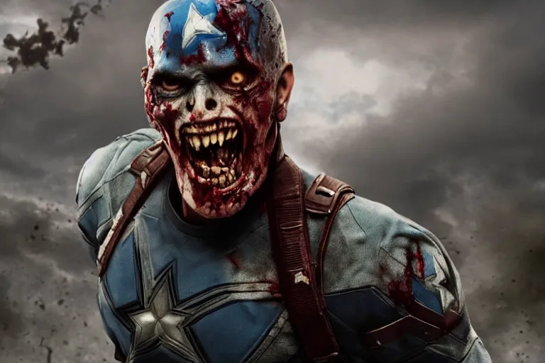 Image similar to film still of zombie zombie Captain America as a zombie in new avengers movie, 4k