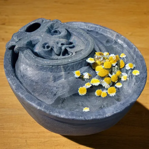 Image similar to chamomile tea in a bucket carved from ice —width 1024 —height 1024