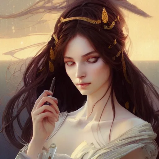 Image similar to beautiful android girl, fantasy, intricate, elegant, highly detailed, digital painting, artstation, concept art, wallpaper, smooth, sharp focus, illustration, art by artgerm and greg rutkowski and alphonse mucha