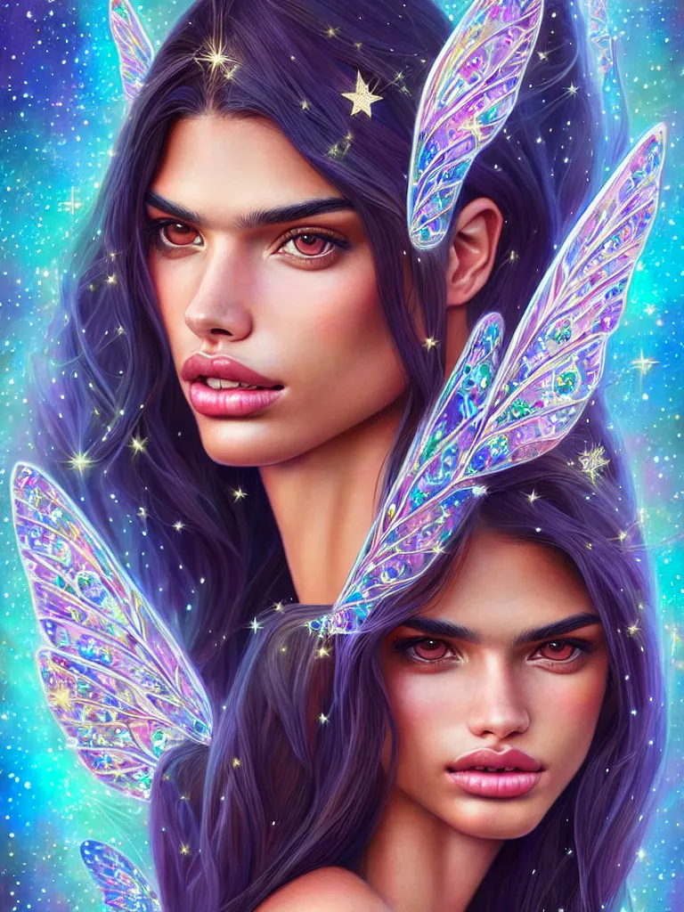 Image similar to fantastic portrait of sara sampaio with some shinny star, cloak, royally decorated crystal gemstones, symmetrical face, 3 d render, portrait, cute, fairy, by artgerm, kelly mckernan, detailed background, artstation, intricate, elegant, highly detailed, colorful, maximalist