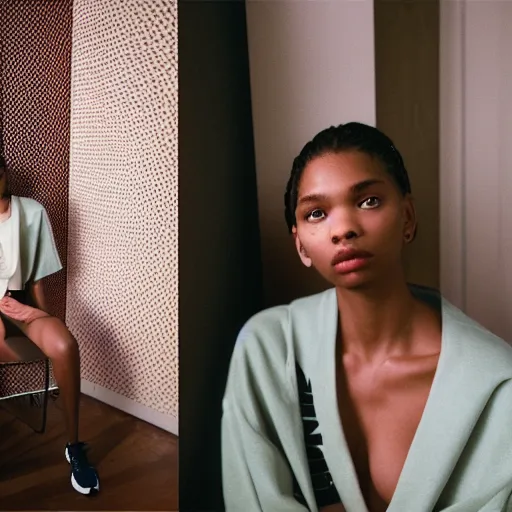 Image similar to realistic! photoshoot for a new nike lookbook, color film photography, portrait of a beautiful woman, location in a apartment, highly detailed, 8K, in style of tyler mitchell, 35mm