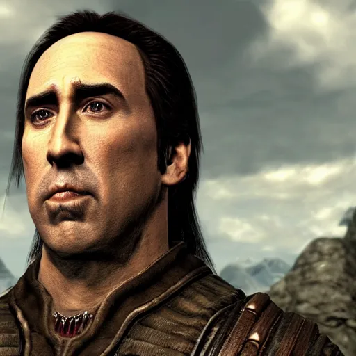 Image similar to Nicholas Cage as a Skyrim character, very detailed, Playstation 1 graphics, whole body, 4k