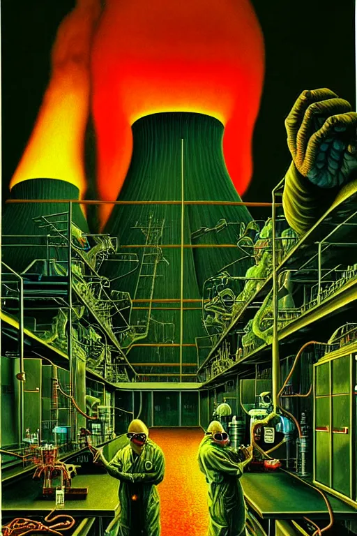 Prompt: a hyperrealistic detailed painting of a code red emergency at the nuclear power plant, radioactive meltdown radiation monster eating the laboratory by chris cunningham and richard corben, highly detailed, vivid color,