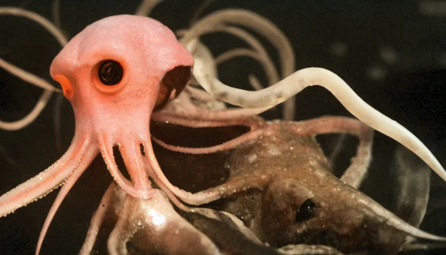 Image similar to Big budget horror movie, scientist looks at squid