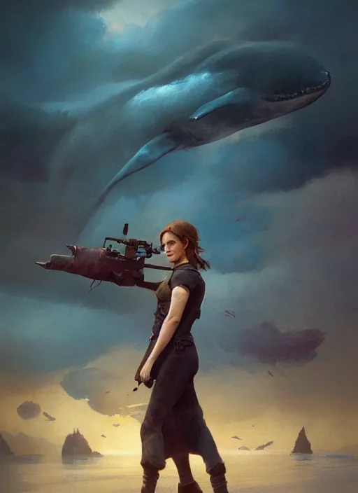 Prompt: hyper realistic photo of beautiful whalehunter emma watson, full body, rule of thirds, conceptart, saturated colors, cinematic, greg rutkowski, brom, james gurney, mignola, craig mullins, artstation, cgsociety