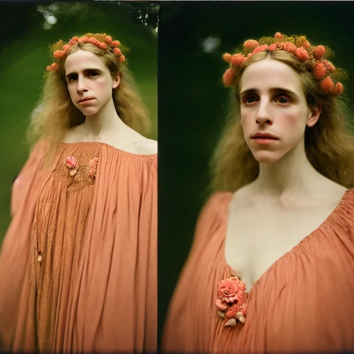 Image similar to Kodak Portra 400, 8K, soft light, volumetric lighting, highly detailed, brit marling style 3/4 ,portrait photo of a beautiful woman how pre-Raphaelites painter, n long elegant intricate ornamental ethereal coral and shells dress, natural skin tone, highly detailed realistic flowers ornament in the upper side of breast, bust with a long beautiful neck , long dark hair are intricate with highly detailed realistic coral and shells, elegant, Realistic, Refined, Highly Detailed, natural outdoor soft pastel lighting colors scheme, outdoor fine art photography, Hyper realistic, photo realistic