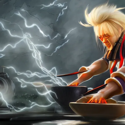 Image similar to Raiden Shogun cooking food, digital art, artstation, 4k, trending